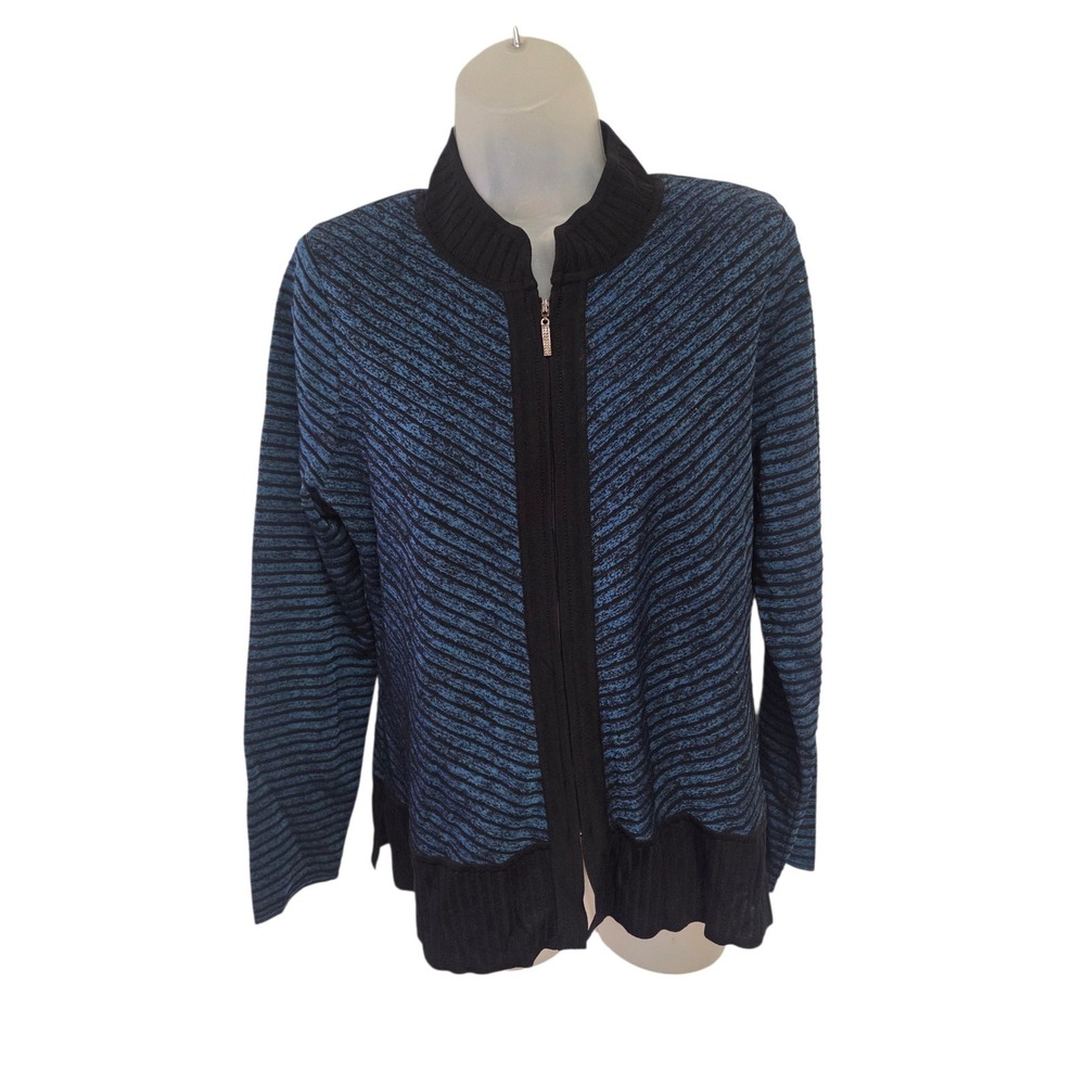 Exclusively Misook Blue Black Striped Zip Front Mock Neck Cardigan Sweater Small